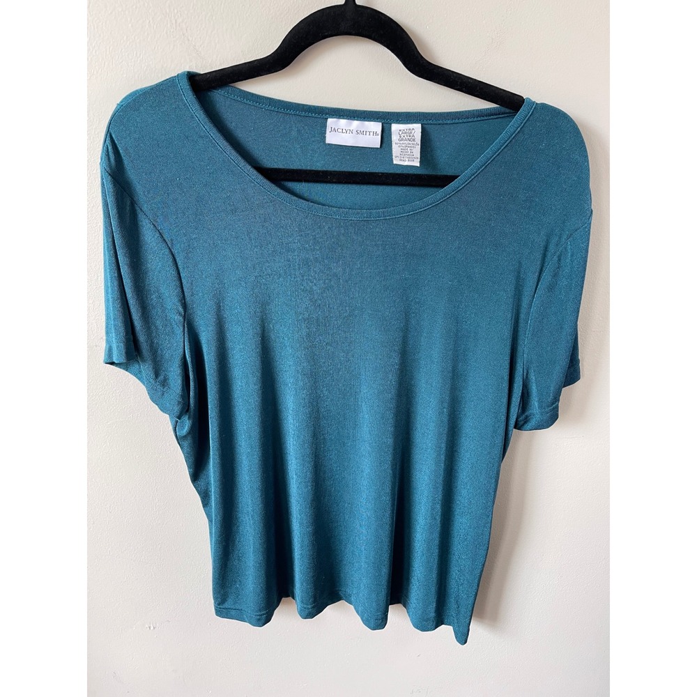 Jaclyn Smith Women Teal Blue Metallic Sheen Scoop Neck Short Sleeve Top XL